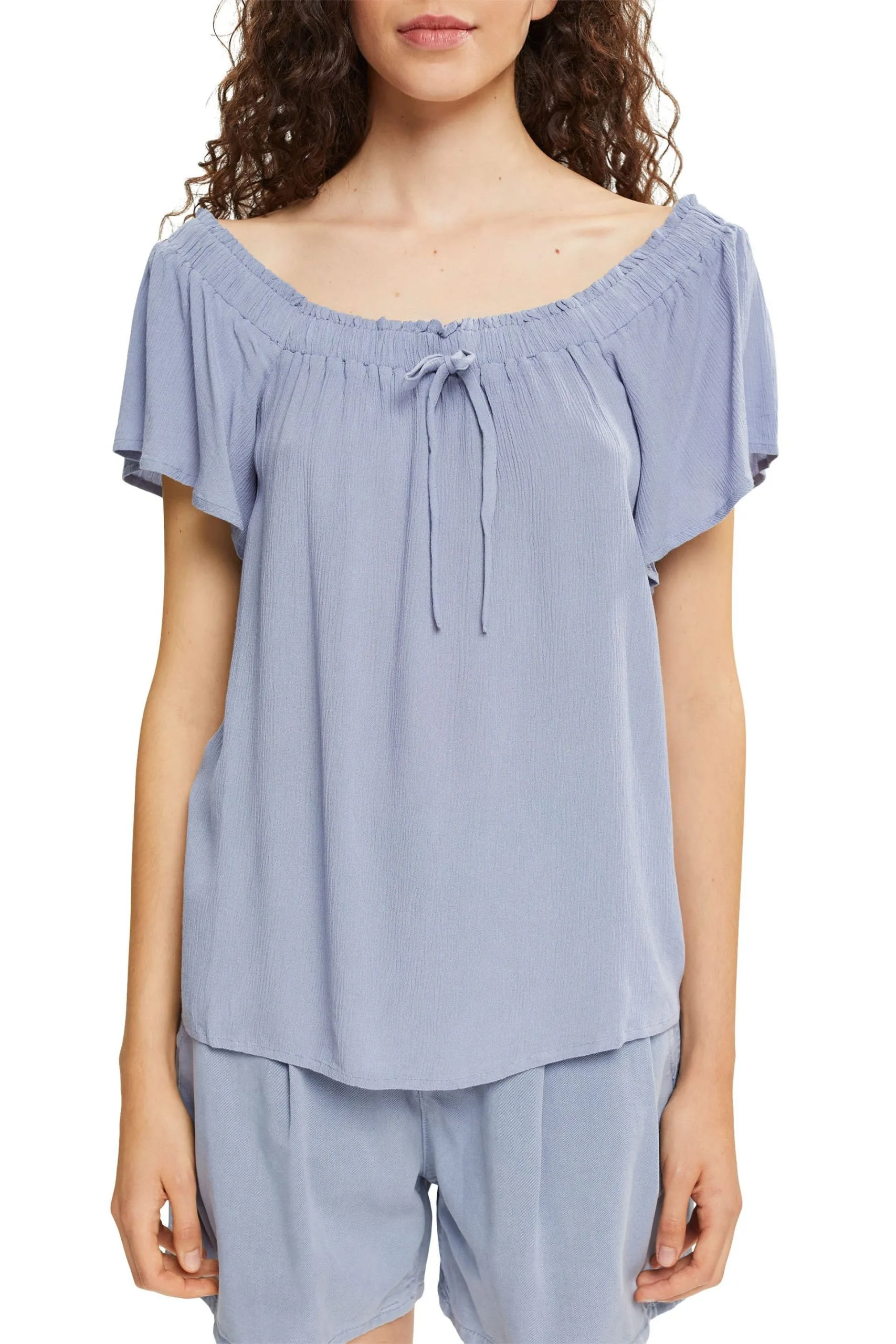 ESPRIT Crinkle-Bluse Mit Carmen-Ausschnitt Light Blue Lavender – Bild 2