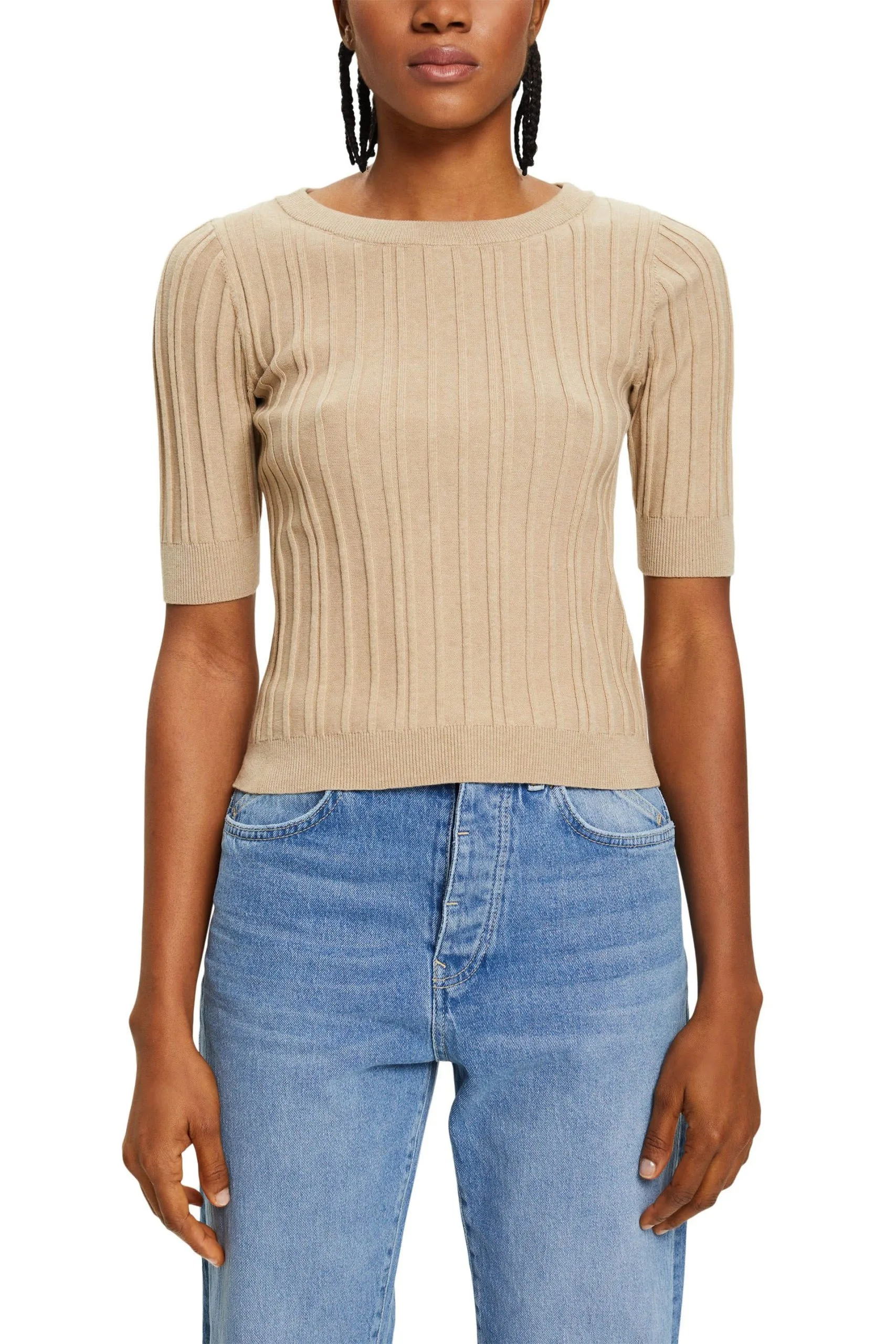 ESPRIT Gerippter Kurzarm-Pullover Sand – Bild 2