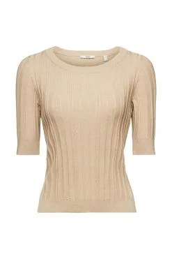 ESPRIT Gerippter Kurzarm-Pullover Sand