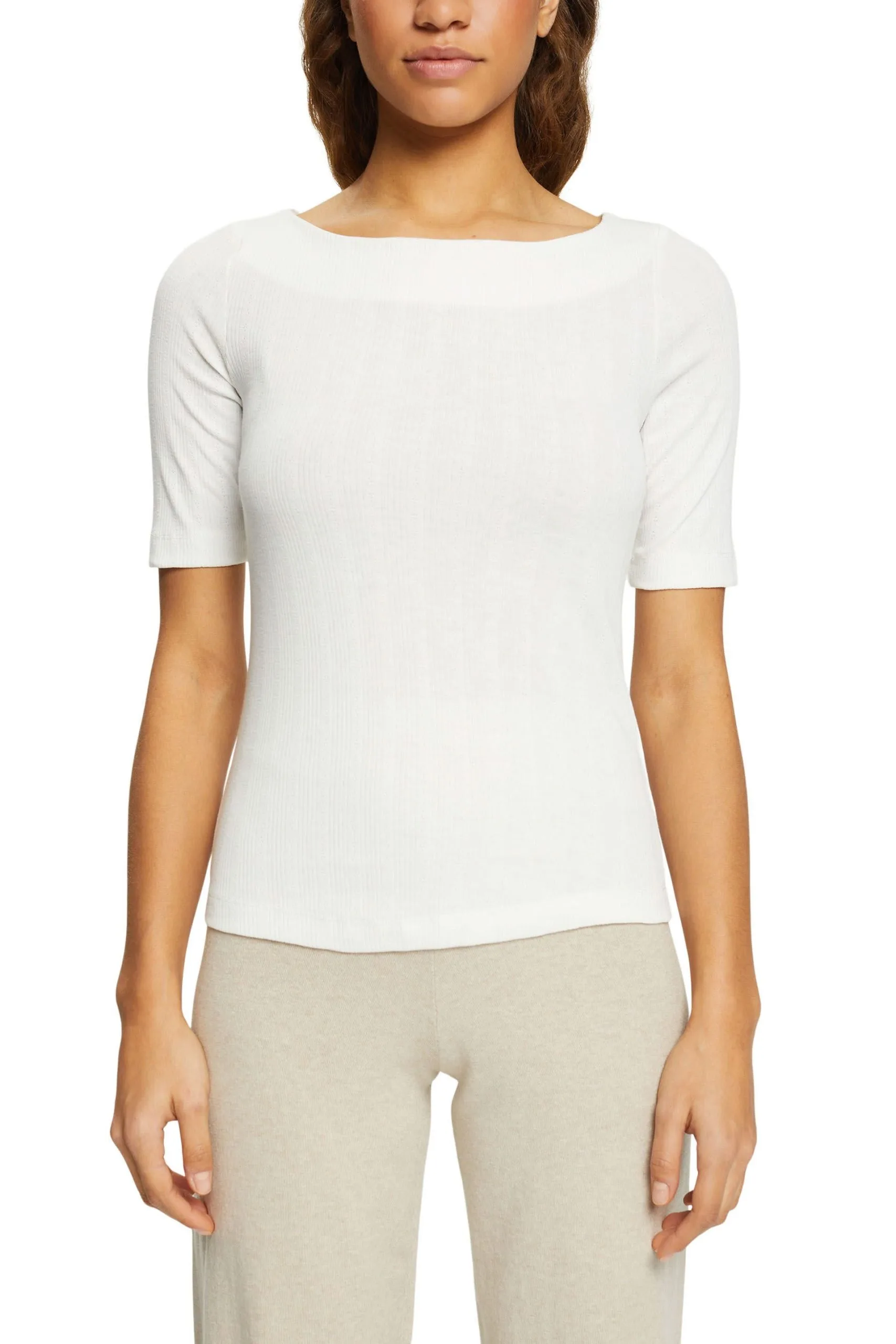 ESPRIT Pointelle-T-Shirt In Gerippter Optik Off White – Bild 2